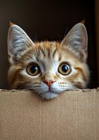 Curious ginger cat with big bright eyes peeping out from cardboard box, close-up portrait showing playful expression and whiskers against dark background.
