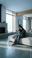 Mother and daughter reading together on modern sofa in contemporary living room with large windows and natural light for family bonding moments.