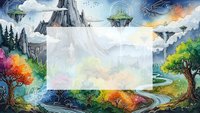 Fantasy landscape frame with floating islands, mountains, colorful trees and mystical elements for creative design projects and storytelling content.