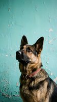 German shepherd dog portrait with leather collar against weathered turquoise wall background for pet photography and animal themed designs.