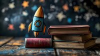 Vintage wooden toy rocket with old books on rustic table against starry dark background, nostalgic childhood dreams and space exploration concept.
