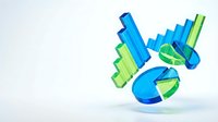 Blue and green 3D business charts with bar graphs and pie charts floating on white background for financial data visualization and analytics presentations.