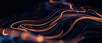 Glowing orange and blue liquid metal waves flow across dark surface, creating abstract swirling patterns with luminous light trails and smooth curves.