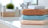 Stack of soft colorful bath towels on white bathroom counter with blurred toiletries in background, creating clean spa-like atmosphere.