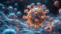 Microscopic view of virus cell with orange spikes floating in blue fluid environment against dark background with glowing particles and bokeh effects.