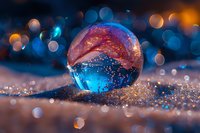 Crystal ball on glittering snow surface with magical bokeh lights in blue and orange colors creating dreamy winter atmosphere at night.