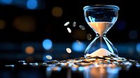 Hourglass with flowing coins against dark background with bokeh lights, symbolizing time value of money and financial decisions. Dramatic lighting creates mystical mood.