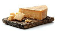 Aged cheese wheel segment with crumbled pieces on rustic wooden cutting board, showcasing rich texture and natural dairy product for gourmet food photography.