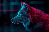 Glowing wolf head profile with circuit pattern overlay in neon blue and pink colors against dark background, digital art style for modern tech designs.