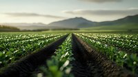 Agricultural rows of young green crop plants stretching toward misty mountains at sunrise, showing fertile soil and modern farming techniques in rural landscape.