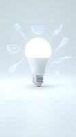 Glowing LED light bulb surrounded by kitchen utensils icons representing culinary creativity and cooking inspiration on white background.