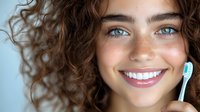 Young Mediterranean woman with curly brown hair and bright blue eyes showing white healthy smile while holding toothbrush, dental care concept.