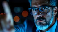 Middle-aged Asian businessman with glasses and gray beard in dramatic blue lighting against dark background with bokeh effect, serious expression.