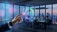 Businessman hand touching glowing digital fingerprint hologram in modern office with city skyline view, representing biometric security and identity verification technology for business applications.