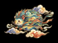 Ornate hedgehog with swirling colorful patterns and clouds in Chinese art style, isolated on transparent background, ready for stickers, t-shirt design, and print on demand.
