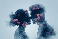 Romantic double exposure silhouette of young couple with blooming cherry blossoms merged in dreamy blue tones, perfect for wedding invitations and valentine designs.