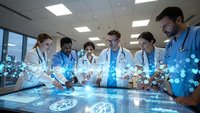 Medical team analyzing holographic data on interactive digital table in modern hospital conference room for healthcare innovation and diagnosis.