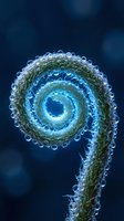 Spiral fern fiddlehead unfurling with morning dew droplets against deep blue background showcasing nature's geometric patterns and fresh spring growth.