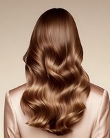 Long wavy brown hair from behind on woman wearing beige silk blouse against neutral background, showcasing professional hairstyling and healthy shine.