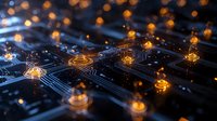 Glowing orange network nodes interconnected on dark blue circuit board with bokeh light effects, representing digital connectivity and data transfer technology.