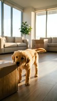 Golden retriever standing in modern living room with natural light from large windows, neutral furniture, and potted plant, suitable for home decor and pet lifestyle content.