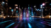 Futuristic city lights with glowing vertical beams creating dynamic motion effect against dark urban background. Neon blue and purple streaks reflect on wet surface.