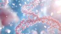 Microscopic view of DNA strand structure in pink and blue tones with floating particles, showing genetic research and molecular biology concept.