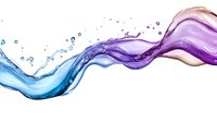 Dynamic flowing liquid splash with blue and purple waves creating abstract motion design, droplets floating in air against white background.