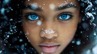Young woman with striking blue eyes and dark skin in winter scene with falling snow, creating magical atmospheric portrait with ethereal lighting and frosty effect.