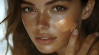 Young woman with freckles applying liquid foundation makeup to face with finger, natural beauty skincare routine for flawless complexion and cosmetic application.