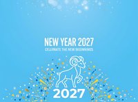New Year 2027 celebration poster with Aries zodiac ram symbol, confetti and sparkles on bright blue background for holiday greetings.