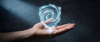 Businessman hand holding glowing digital spiral hologram with futuristic energy waves for technology presentations and innovation concepts.
