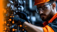 Industrial worker in safety gear operating machinery with precision in modern manufacturing facility.