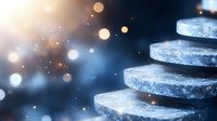 Stacked frozen stones with frost and ice crystals against dark blue background with magical bokeh lights and winter glow effect. Zen and wellness concept.
