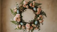 Elegant floral wreath with soft pink roses, blue eggs and green ferns on rustic background for spring decor, Easter celebrations and seasonal home styling.