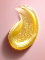 Golden honey or oil drop with bubbles on pink background, glossy liquid texture with transparent gel splash effect for cosmetic and skincare product advertising.