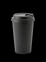 Black disposable coffee cup with lid isolated on transparent background, ready for t-shirt design, clipart, stickers, print-on-demand products and sublimation projects.