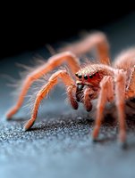 Orange tarantula spider with detailed hair and fangs on textured surface, macro photography showing arachnid anatomy and natural predator behavior.