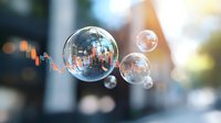 Floating soap bubbles reflecting urban cityscape with stock market chart overlay, creating surreal financial metaphor against blurred city background.