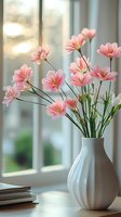 Delicate pink flowers in white ceramic vase by window, soft natural lighting creates dreamy atmosphere. Books stacked on wooden surface add cozy home ambiance.