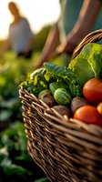 Fresh organic vegetables and fruits in woven basket at sunset garden. Farmer harvesting seasonal produce with natural sunlight illuminating fresh crops.