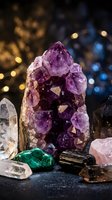 Amethyst crystal cluster surrounded by quartz, malachite, rose quartz, and tourmaline on dark background with bokeh lights.