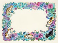Watercolor cat border frame with playful kittens, roses, paw prints, and fish bones in pastel pink, purple, and teal tones with copy space.