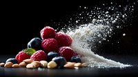 Fresh raspberries and blueberries with scattered sugar powder in motion against dark background, dramatic food photography with nuts and mint leaf.