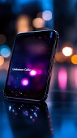 Modern smartphone displaying unknown caller message on dark background with colorful bokeh lights and reflective surface, creating mysterious atmosphere.