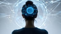 Silhouette of person facing digital holographic display with glowing blue circular interface and network connections on light background. Future technology concept.