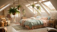 Cozy boho attic bedroom with pastel bedding, hanging plants, rattan furniture, macrame decor, and skylights creating a warm, dreamy atmosphere.