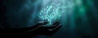 Digital tree with glowing leaves floating above open palm in mystical blue-green light representing growth, innovation and environmental protection concepts.