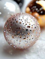 Elegant silver Christmas ball ornament with water droplets and golden reflections creating magical sparkle effect on festive blurred background.