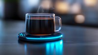 Glass cup of black coffee on glowing blue LED coaster against dark background with bokeh lights, creating modern minimalist ambiance for beverage photography.